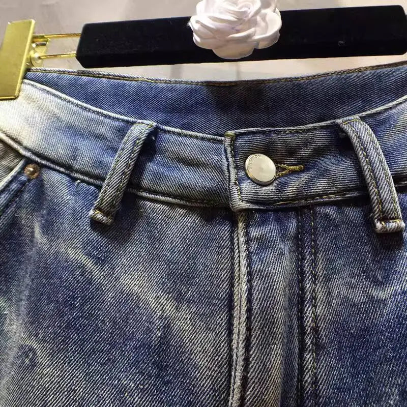 Women’s High-Street Straight-Leg Jeans – Vintage Wash Mid-Waist Denim