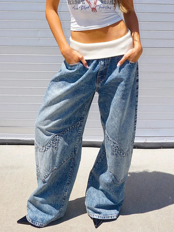 Women’s High-Waist Wide-Leg Jeans – Distressed High-Street Denim Pants