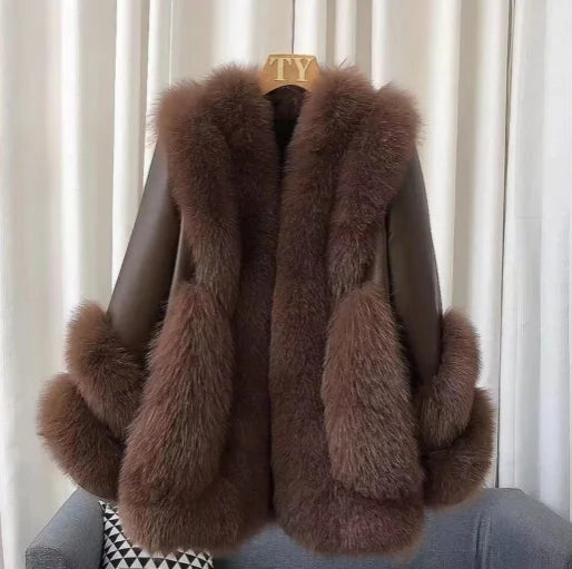Women’s Mid-Length Real Fox Fur Coat – Wide-Waisted Luxury Winter Outerwear