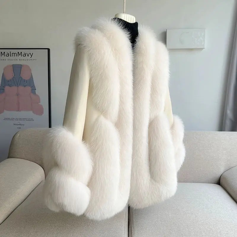 Women’s Mid-Length Real Fox Fur Coat – Wide-Waisted Luxury Winter Outerwear