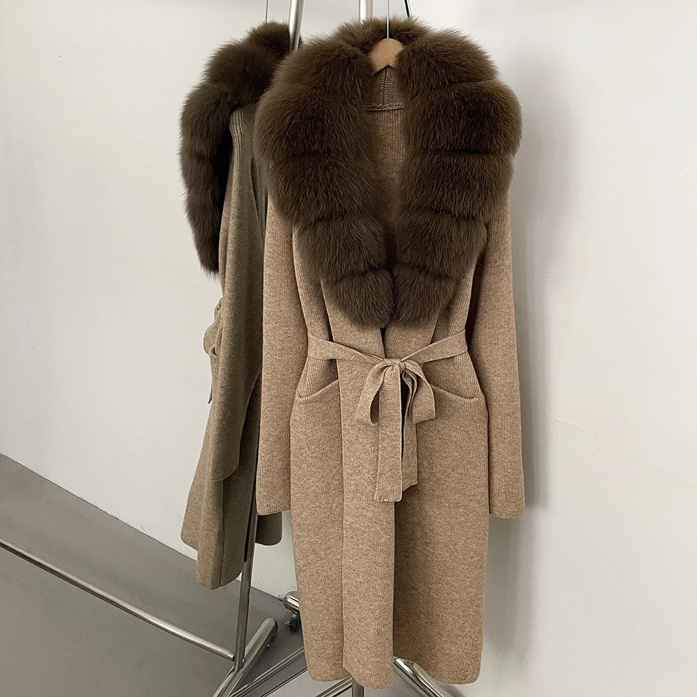 Women’s Long Real Fur Knit Coat – Belted Wide-Waist Luxury Cardigan