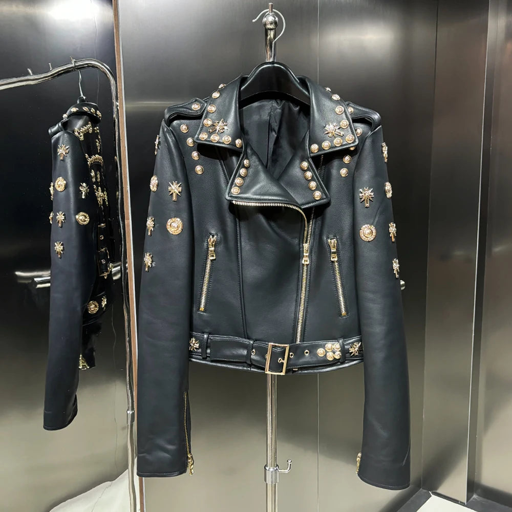 Women’s Genuine Sheepskin Moto Jacket – Rivet Detail Biker Leather Jacket