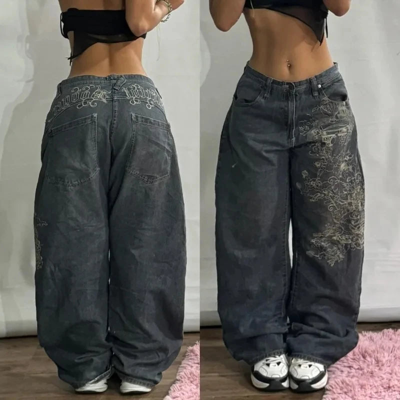 Women’s Y2K High-Street Cargo Jeans – Embroidered Loose-Fit Plaid Pants