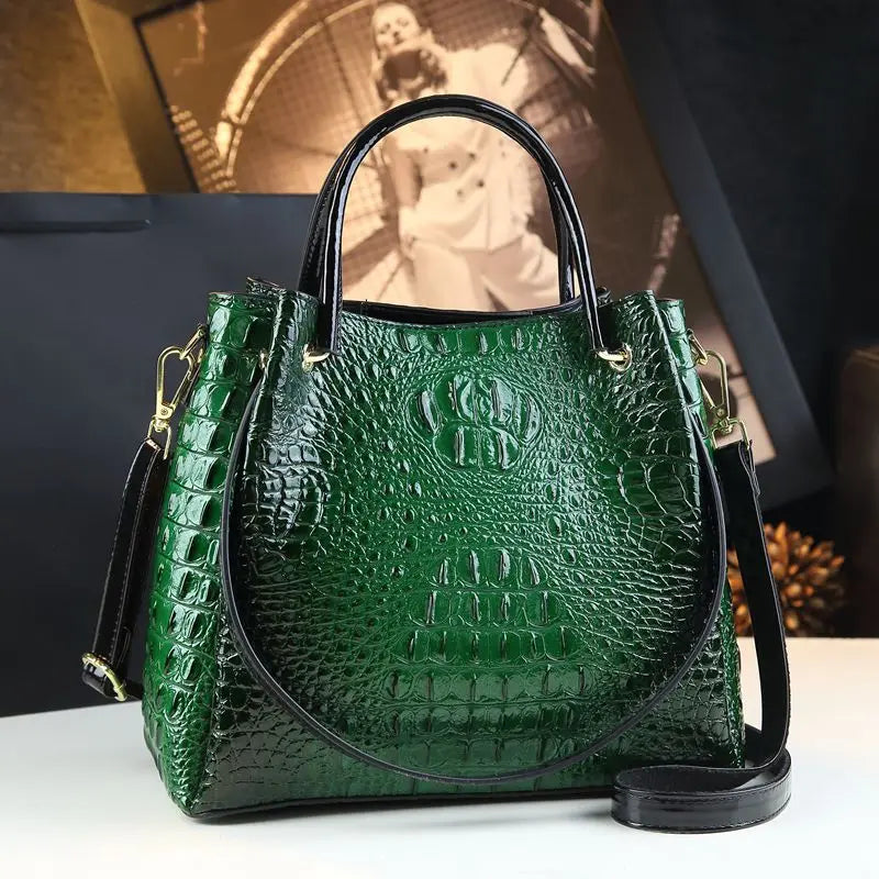 Genuine Leather Crocodile Print Bucket Tote – Vintage Shoulder & Crossbody Bag