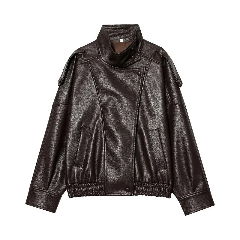 Women’s Faux Leather Streetwear Jacket – Zip-Up Autumn/Winter Outerwear