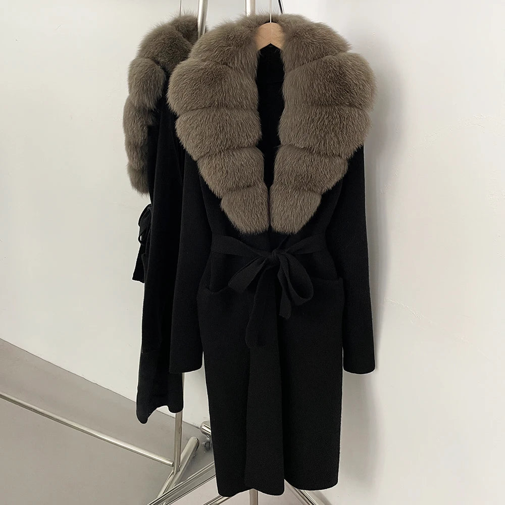 Women’s Long Real Fur Knit Coat – Belted Wide-Waist Luxury Cardigan