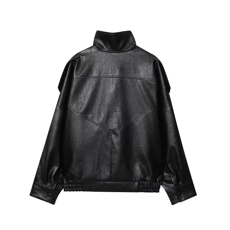 Women’s Faux Leather Streetwear Jacket – Zip-Up Autumn/Winter Outerwear
