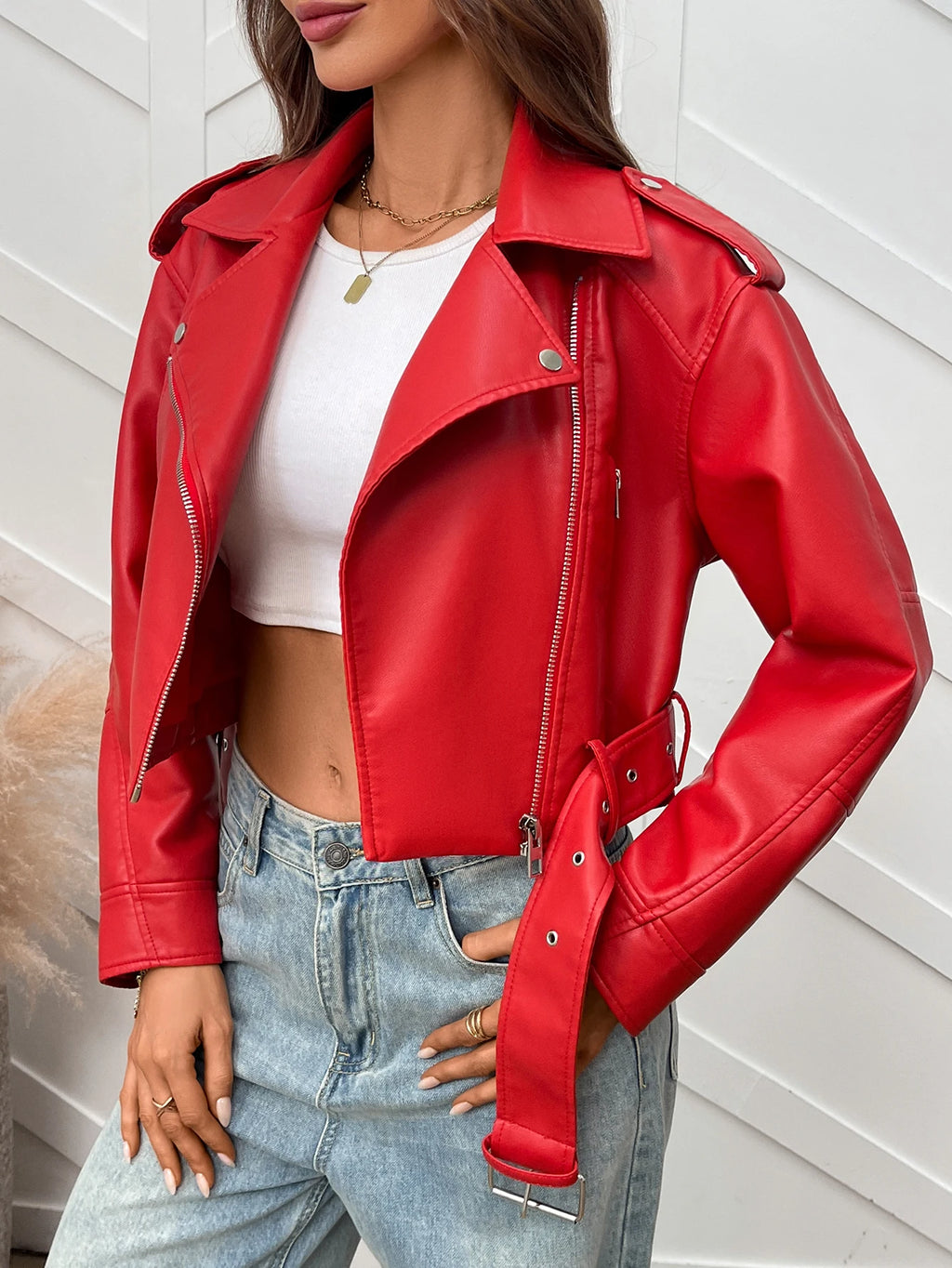 Women’s Faux Leather Zip Jacket – Casual All-Season Outerwear