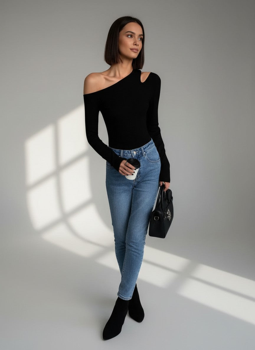 Hollow Out Skew Collar Top – Slim Fit Streetwear Tee