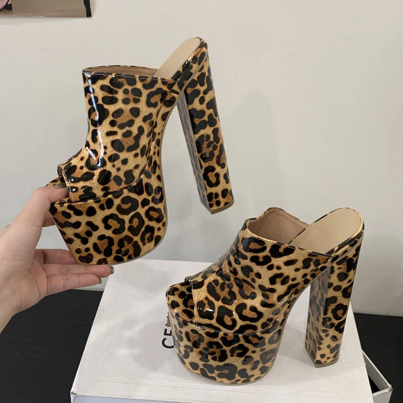 Women’s Leopard Print High Heel Slide Sandals – Elegant Platform Summer Slippers