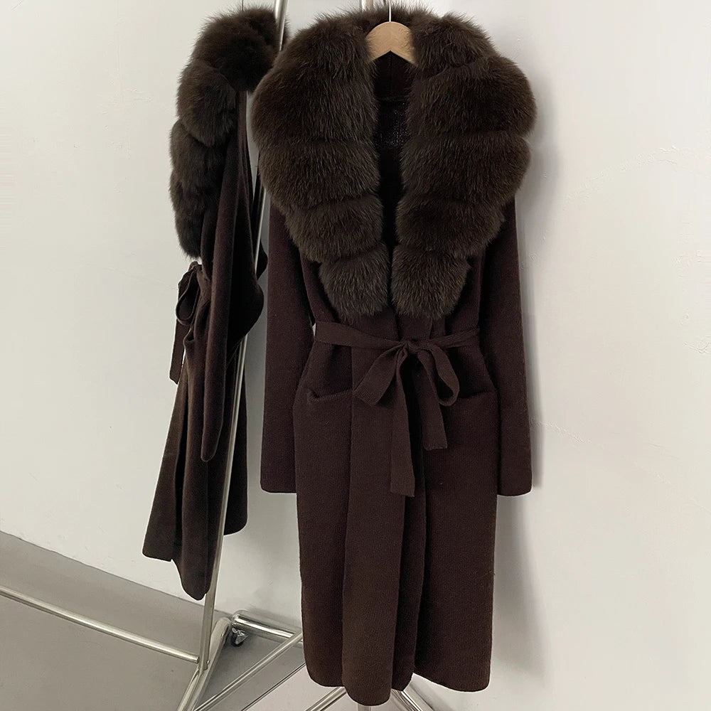 Women’s Long Real Fur Knit Coat – Belted Wide-Waist Luxury Cardigan