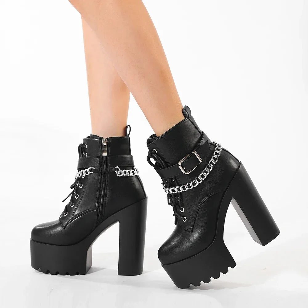 Women’s Platform Ankle Boots – Chain Square Heel Korean Style