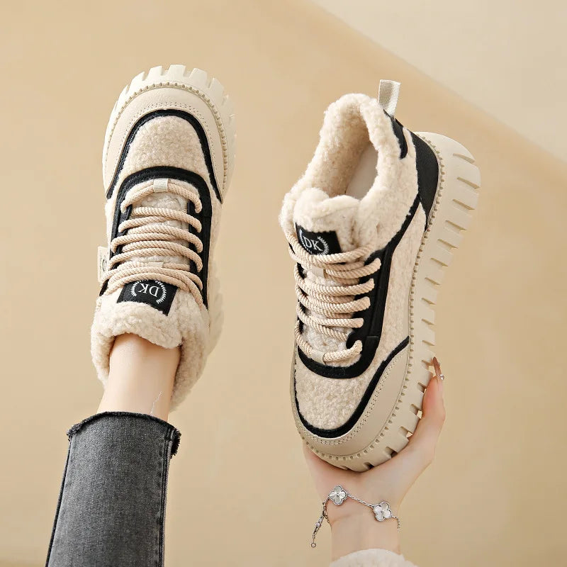 Women’s Winter Fur Lace-Up Shoes – Cozy Plush Comfort Sneakers