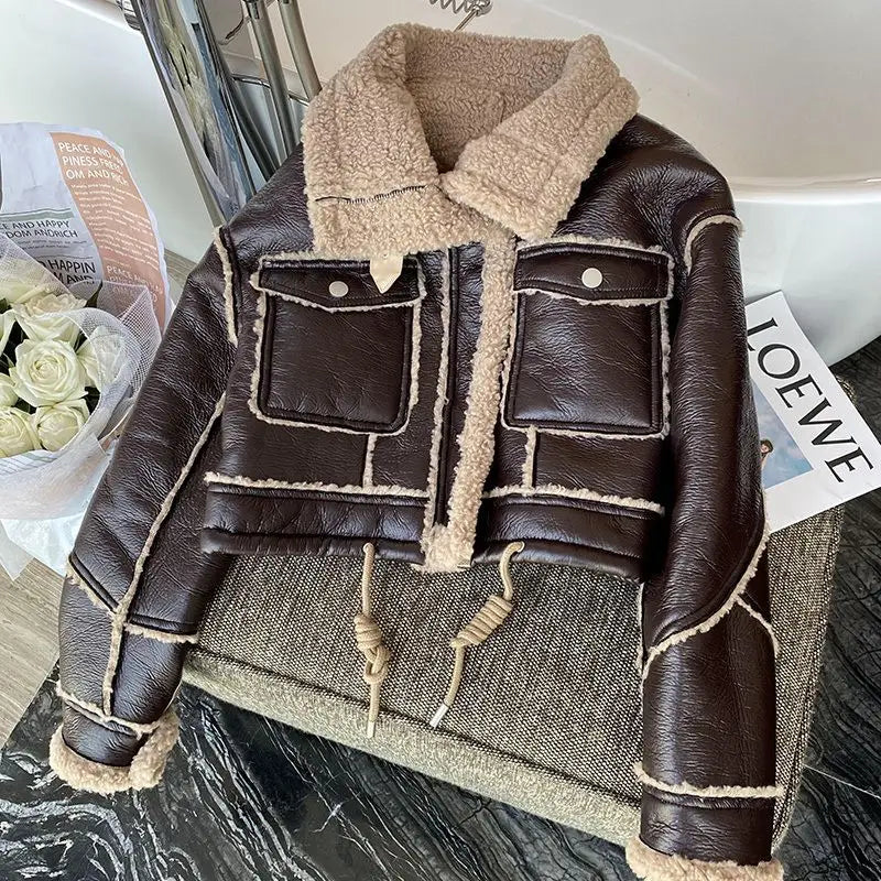 Women’s High-Street Faux Leather Jacket – Embellished Cropped Statement Outerwear