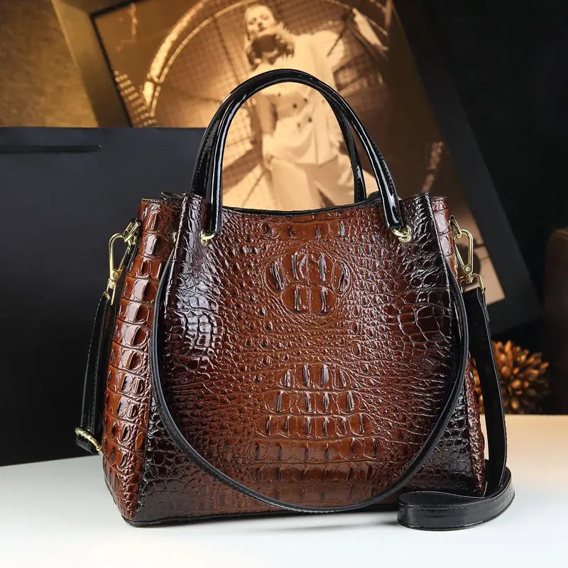 Genuine Leather Crocodile Print Bucket Tote – Vintage Shoulder & Crossbody Bag
