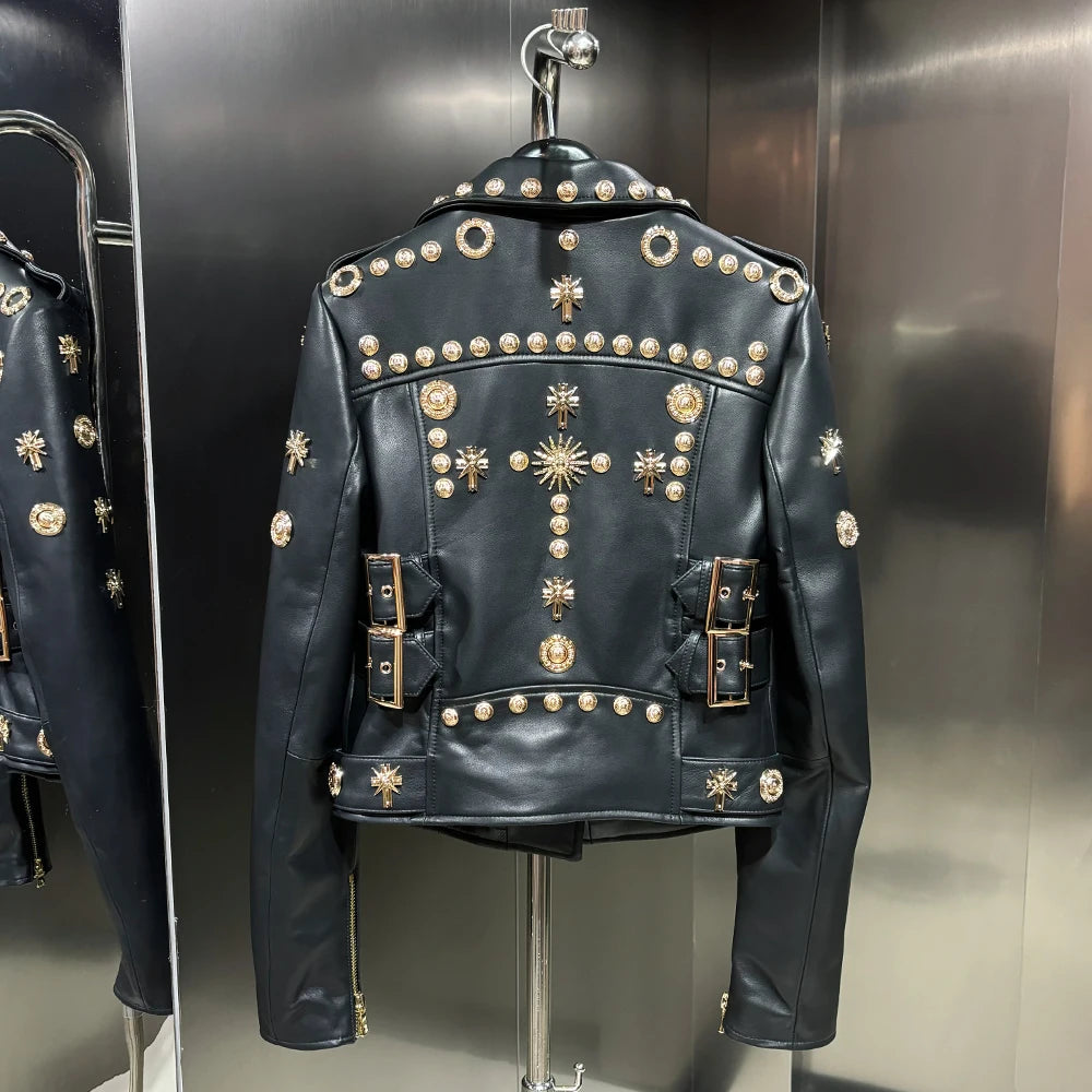 Women’s Genuine Sheepskin Moto Jacket – Rivet Detail Biker Leather Jacket