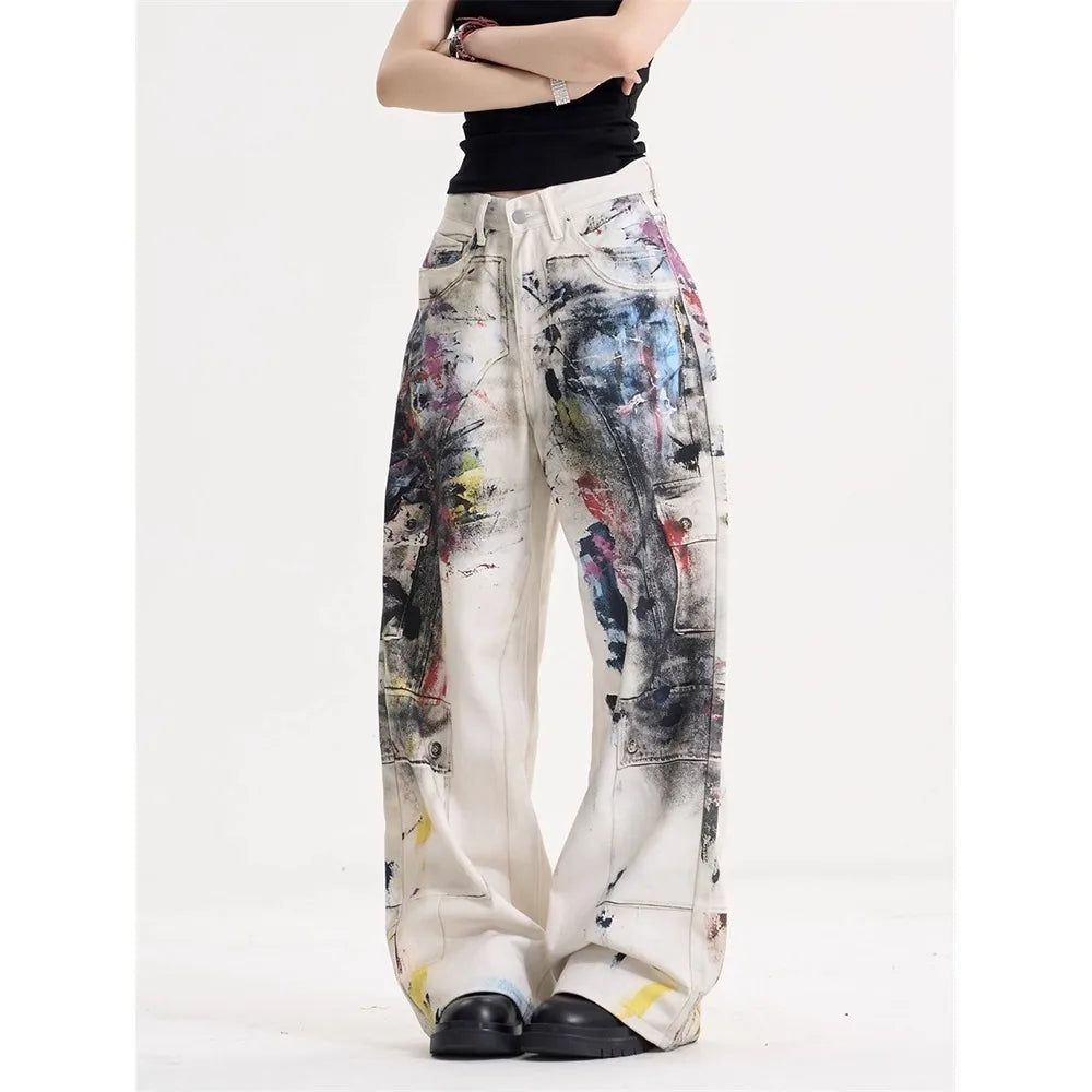 Women’s American Vintage Doodle Jeans – Y2K High-Street Wide-Leg Denim Pants