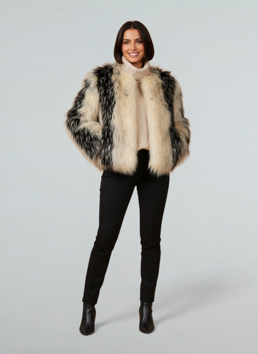 Contrast Faux Fur Coat – Wide-Waisted High Street Jacket