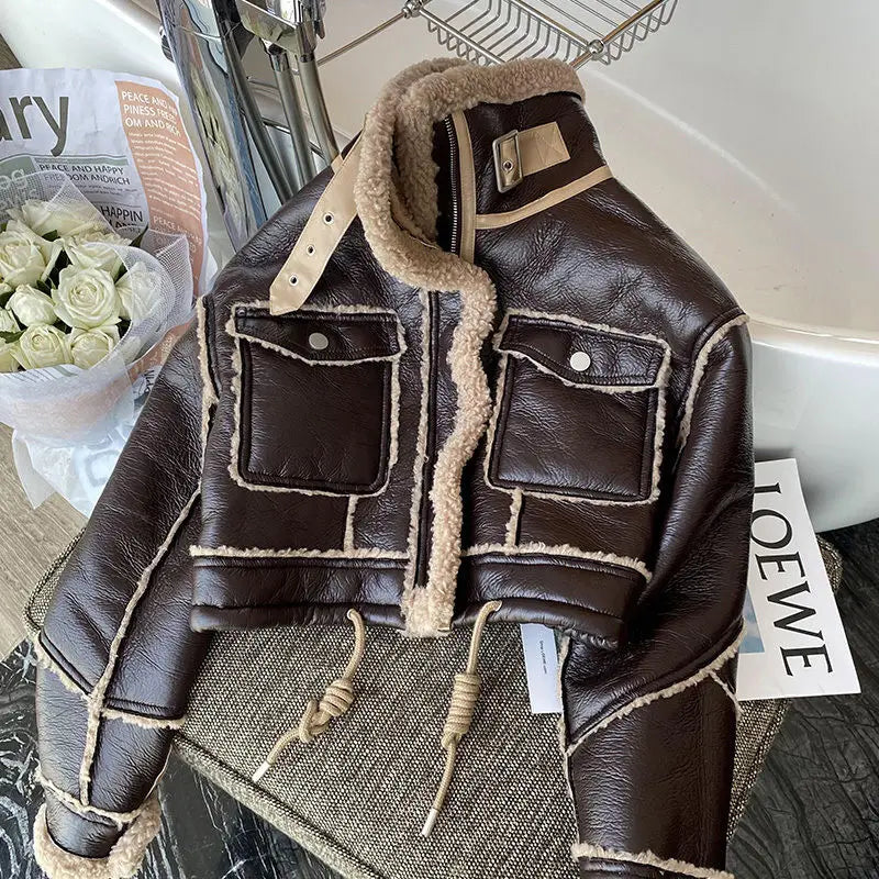 Women’s High-Street Faux Leather Jacket – Embellished Cropped Statement Outerwear