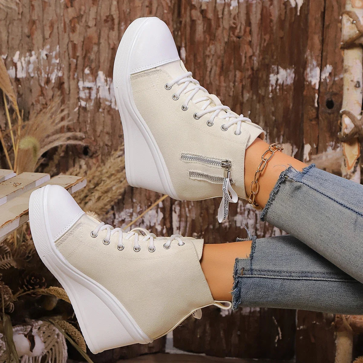 Women’s Canvas Sneakers – Patchwork Zip High Heel | Knut Elgvin