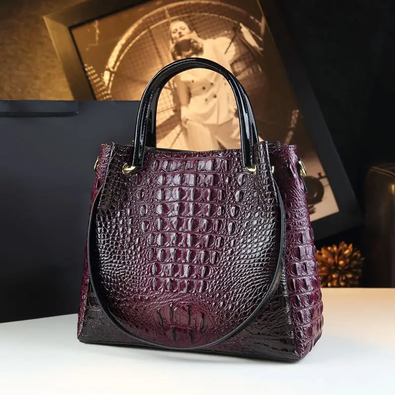 Genuine Leather Crocodile Print Bucket Tote – Vintage Shoulder & Crossbody Bag