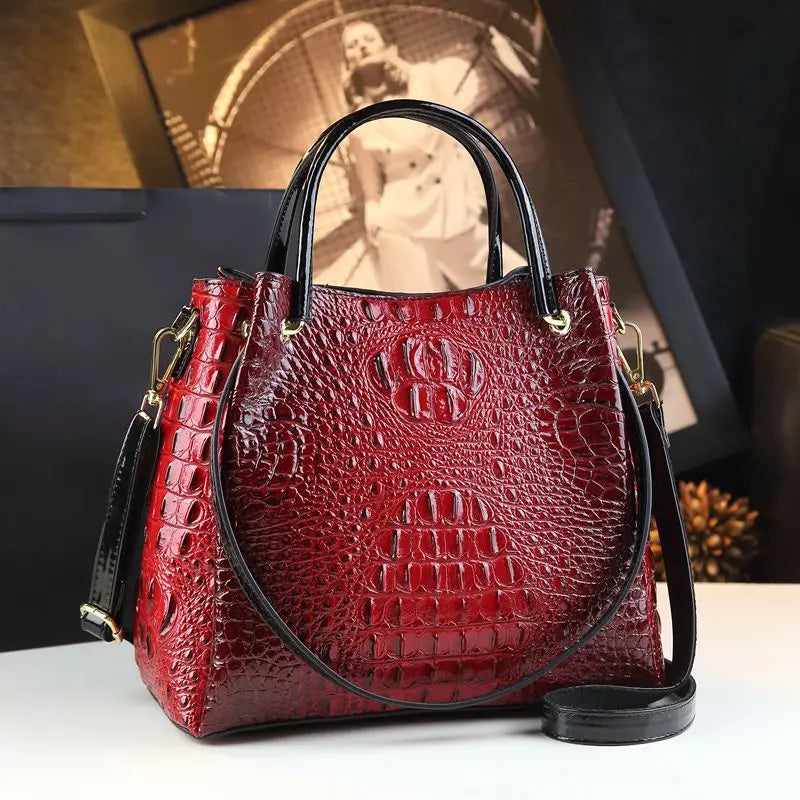 Genuine Leather Crocodile Print Bucket Tote – Vintage Shoulder & Crossbody Bag