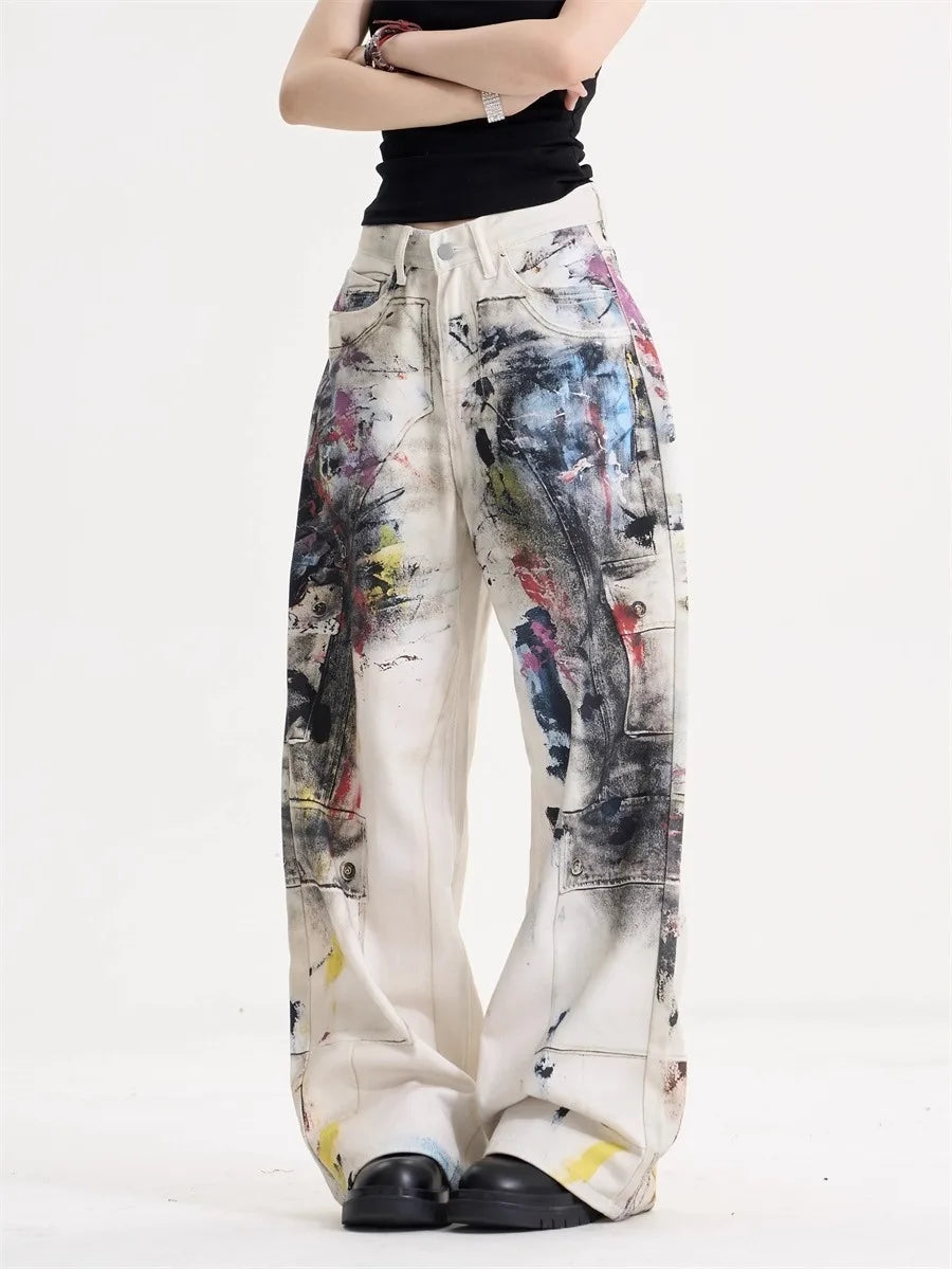 Women’s American Vintage Doodle Jeans – Y2K High-Street Wide-Leg Denim Pants