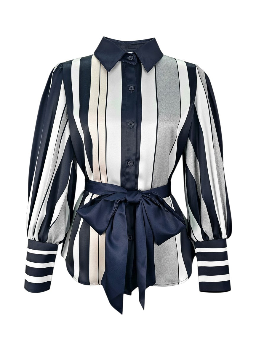 Women's Striped Belted Office Shirt – Long Sleeve Button-Up Blouse with Puff Sleeves