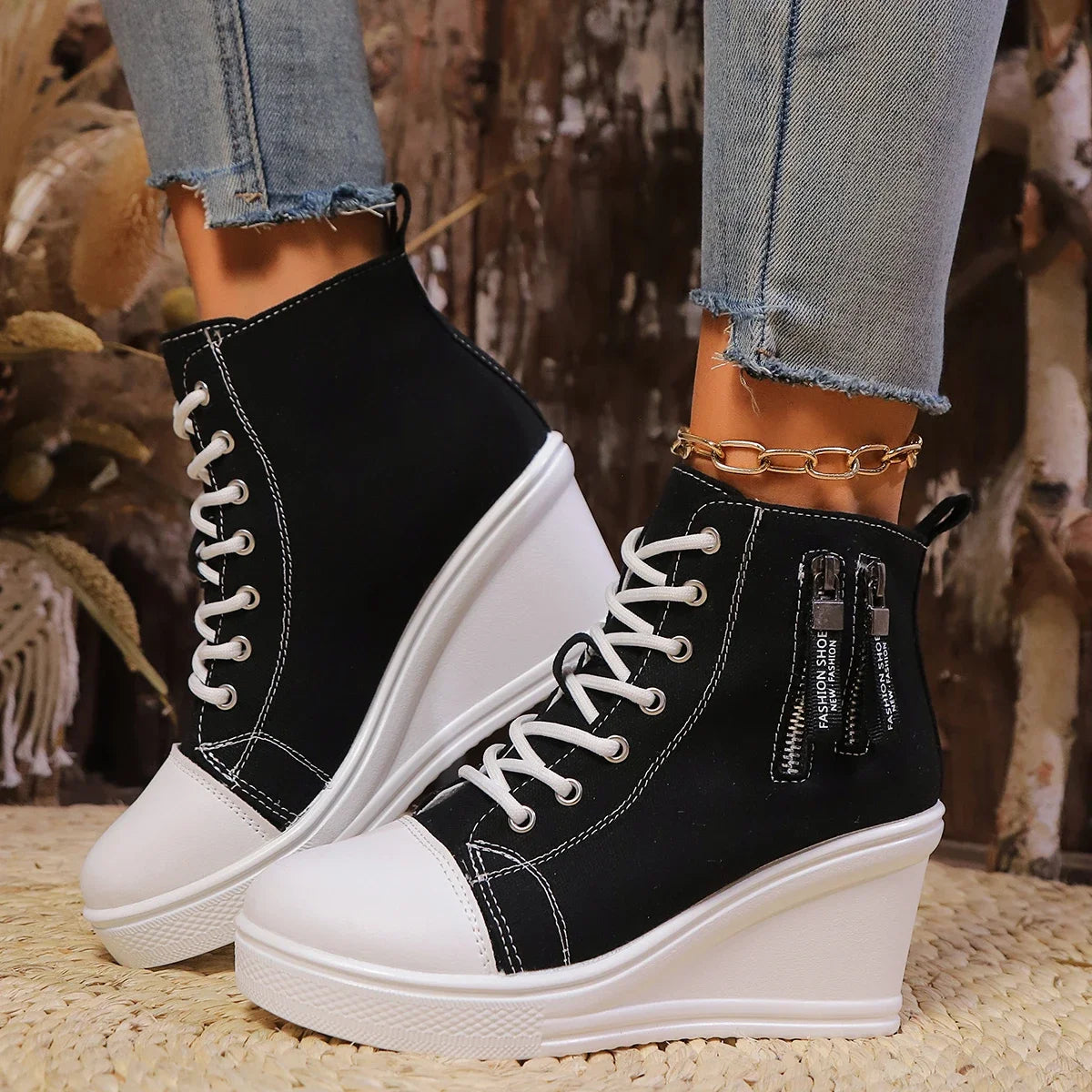 Women’s Canvas Sneakers – Patchwork Zip High Heel | Knut Elgvin