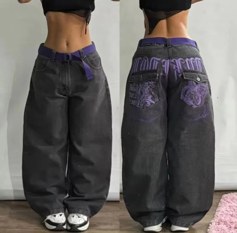 Women’s Y2K High-Street Cargo Jeans – Embroidered Loose-Fit Plaid Pants