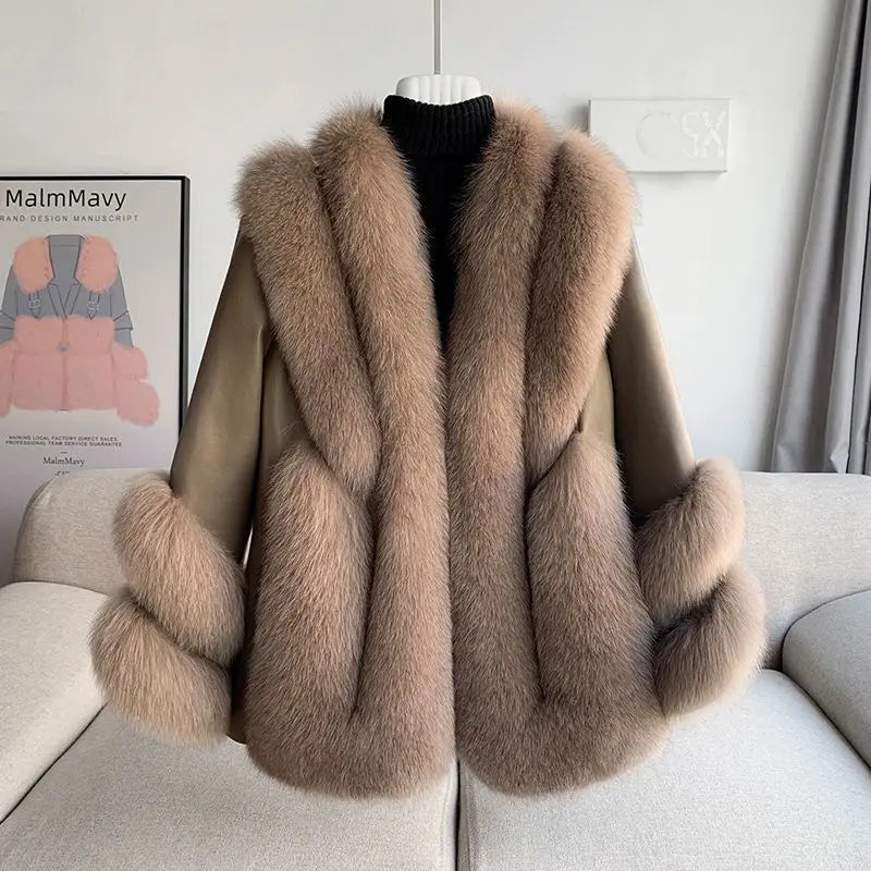 Women’s Mid-Length Real Fox Fur Coat – Wide-Waisted Luxury Winter Outerwear