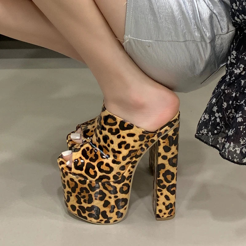 Women’s Leopard Print High Heel Slide Sandals – Elegant Platform Summer Slippers