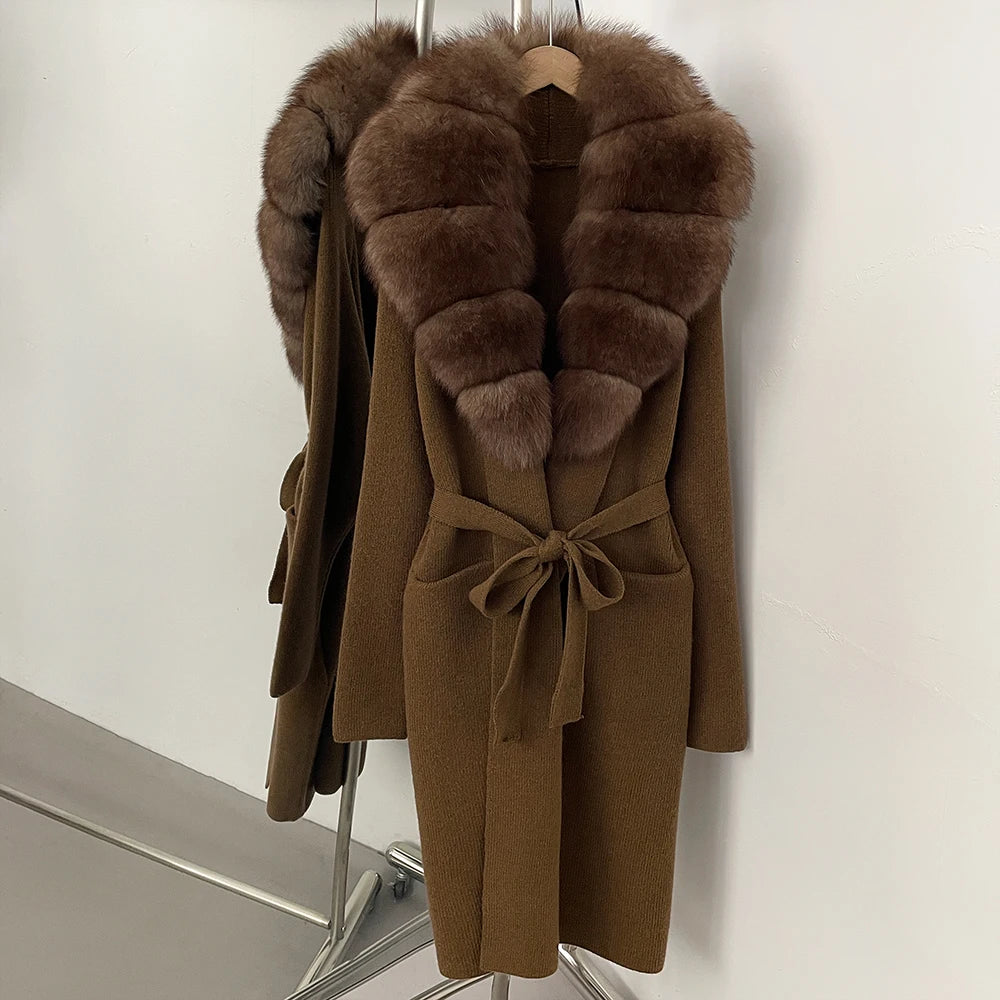 Women’s Long Real Fur Knit Coat – Belted Wide-Waist Luxury Cardigan
