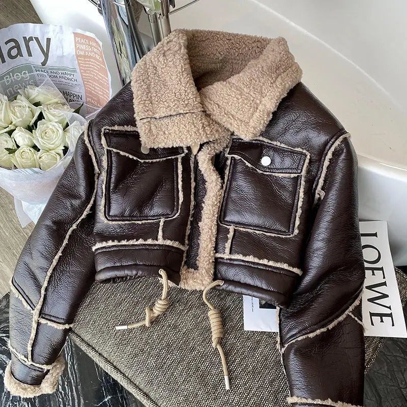 Women’s High-Street Faux Leather Jacket – Embellished Cropped Statement Outerwear