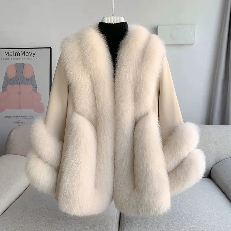 Women’s Mid-Length Real Fox Fur Coat – Wide-Waisted Luxury Winter Outerwear