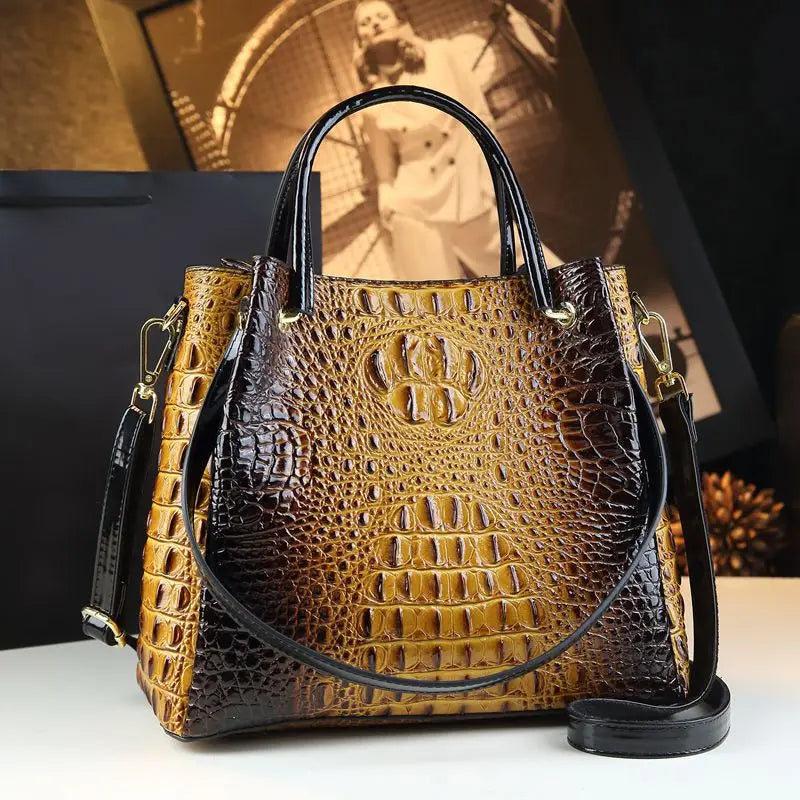 Genuine Leather Crocodile Print Bucket Tote – Vintage Shoulder & Crossbody Bag