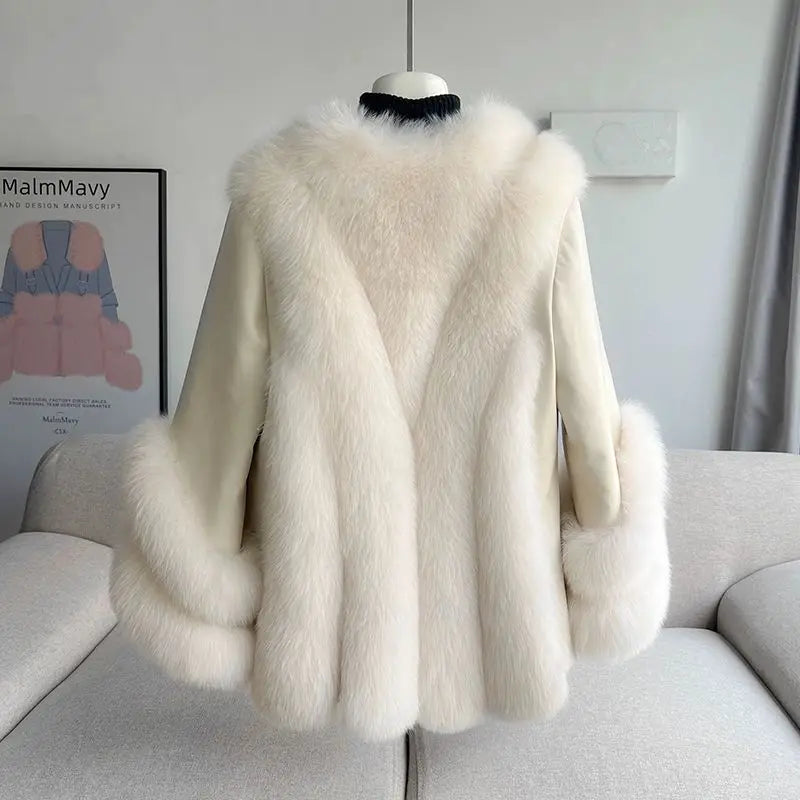 Women’s Mid-Length Real Fox Fur Coat – Wide-Waisted Luxury Winter Outerwear