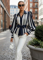 Women's Striped Belted Office Shirt – Long Sleeve Button-Up Blouse with Puff Sleeves
