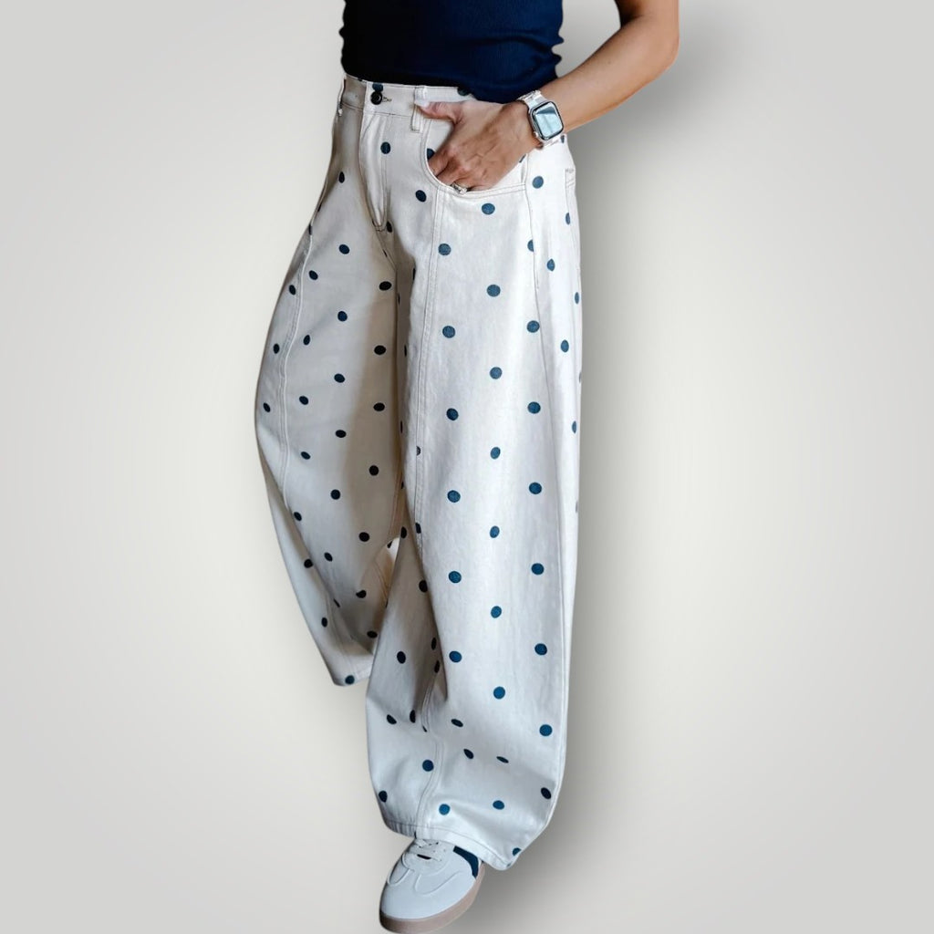 Women’s Barrel Jeans – Loose Fit Dot Print Wide-Leg Denim