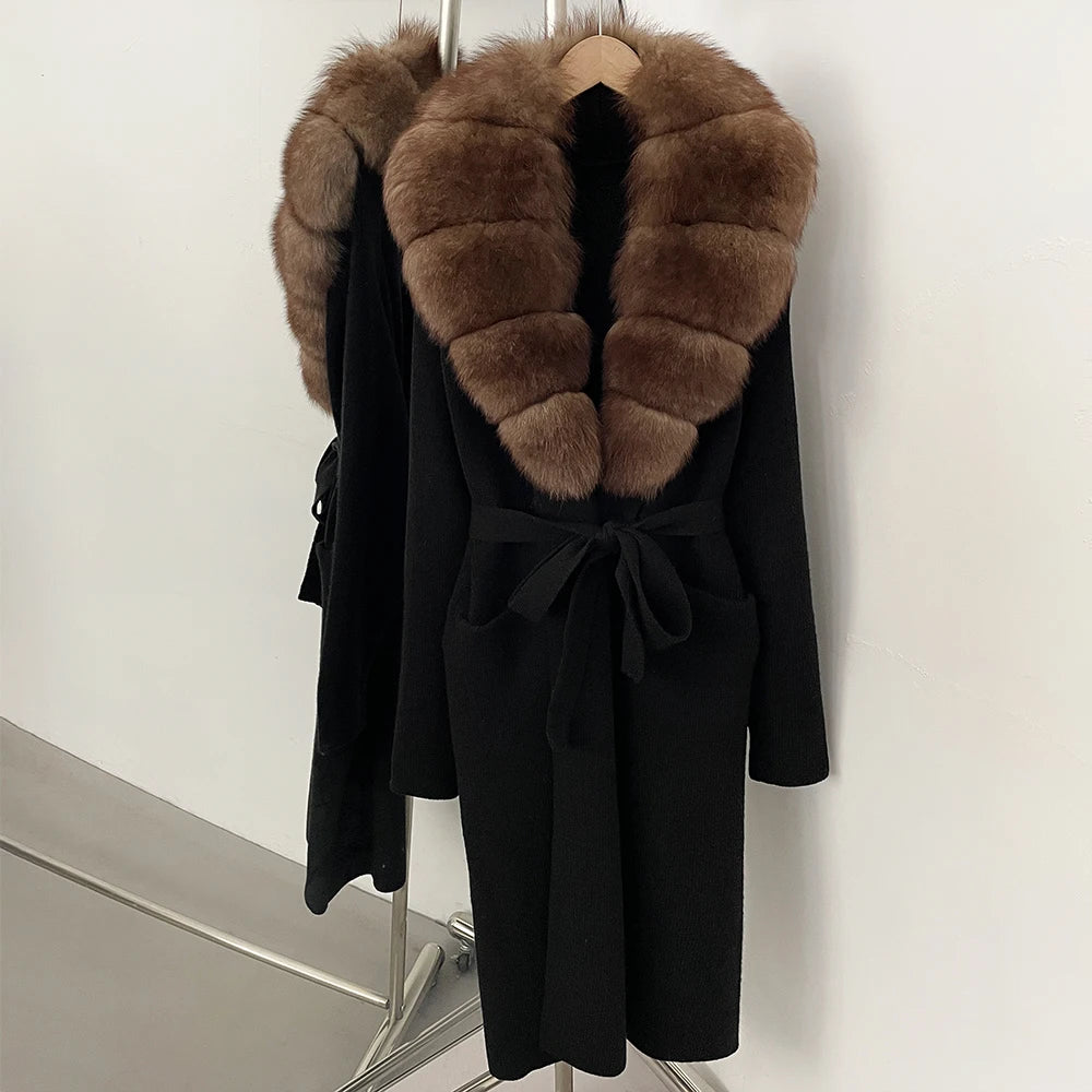 Women’s Long Real Fur Knit Coat – Belted Wide-Waist Luxury Cardigan