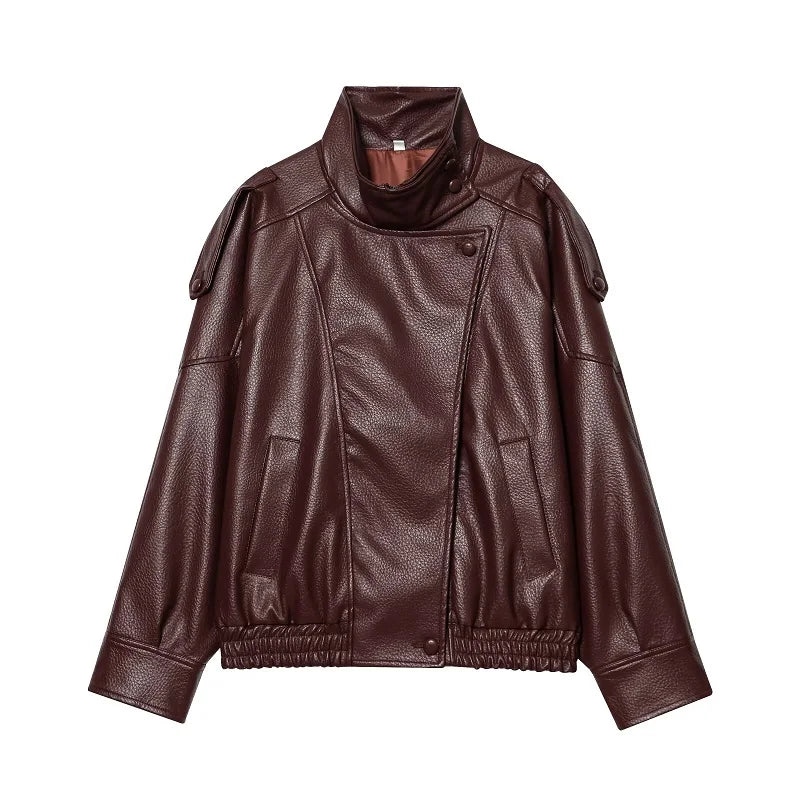 Women’s Faux Leather Streetwear Jacket – Zip-Up Autumn/Winter Outerwear