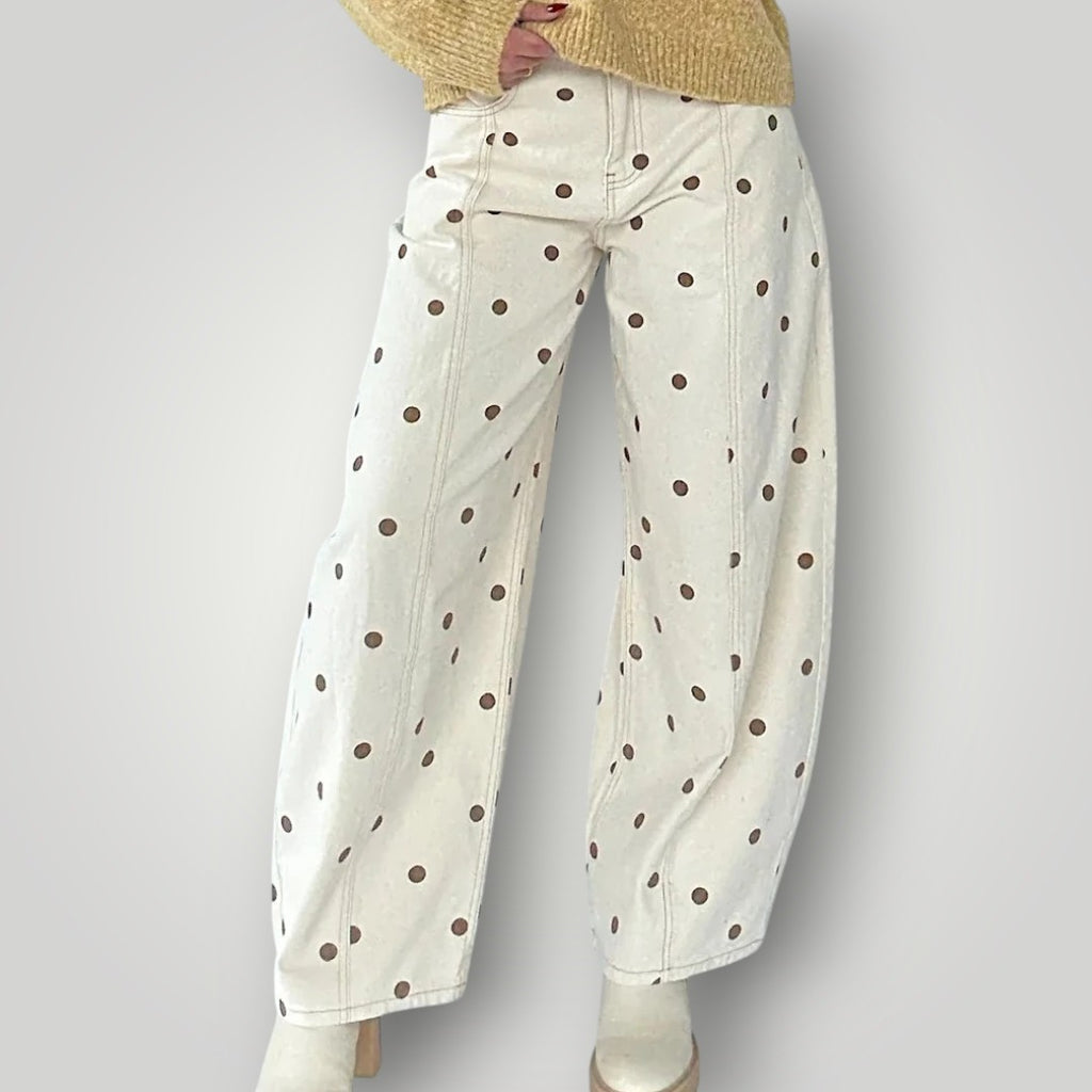 Women’s Barrel Jeans – Loose Fit Dot Print Wide-Leg Denim