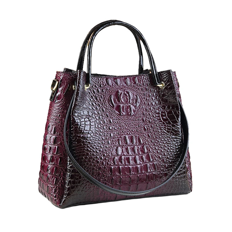 Genuine Leather Crocodile Print Bucket Tote – Vintage Shoulder & Crossbody Bag