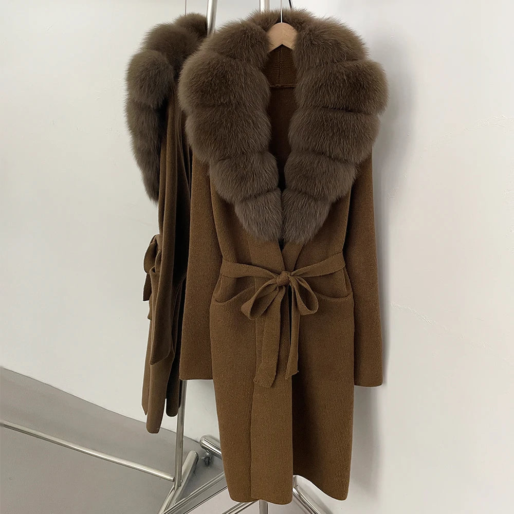 Women’s Long Real Fur Knit Coat – Belted Wide-Waist Luxury Cardigan