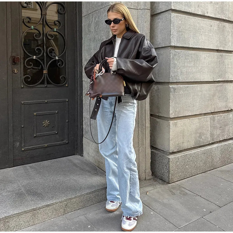 Women’s American Retro Patchwork Bomber Jacket – Vintage Zip-Up Outerwear