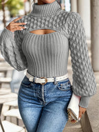 Women’s High-Neck Ribbed Knit Top – Lantern Sleeve Cropped Sweater