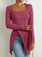 Women’s Elegant Square-Neck Top – Asymmetrical Hem Long Sleeve Blouse