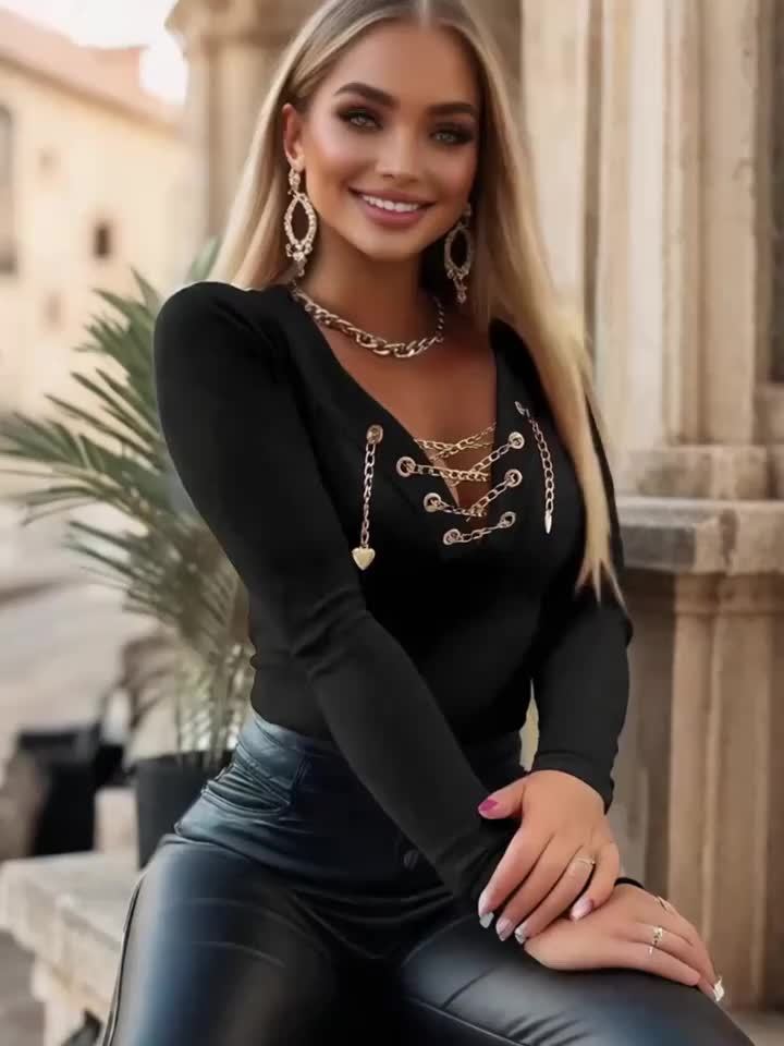 Women’s Elegant V-Neck Long Sleeve Top – High-Stretch Knit with Chain Detail