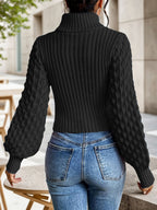 Women’s High-Neck Ribbed Knit Top – Lantern Sleeve Cropped Sweater