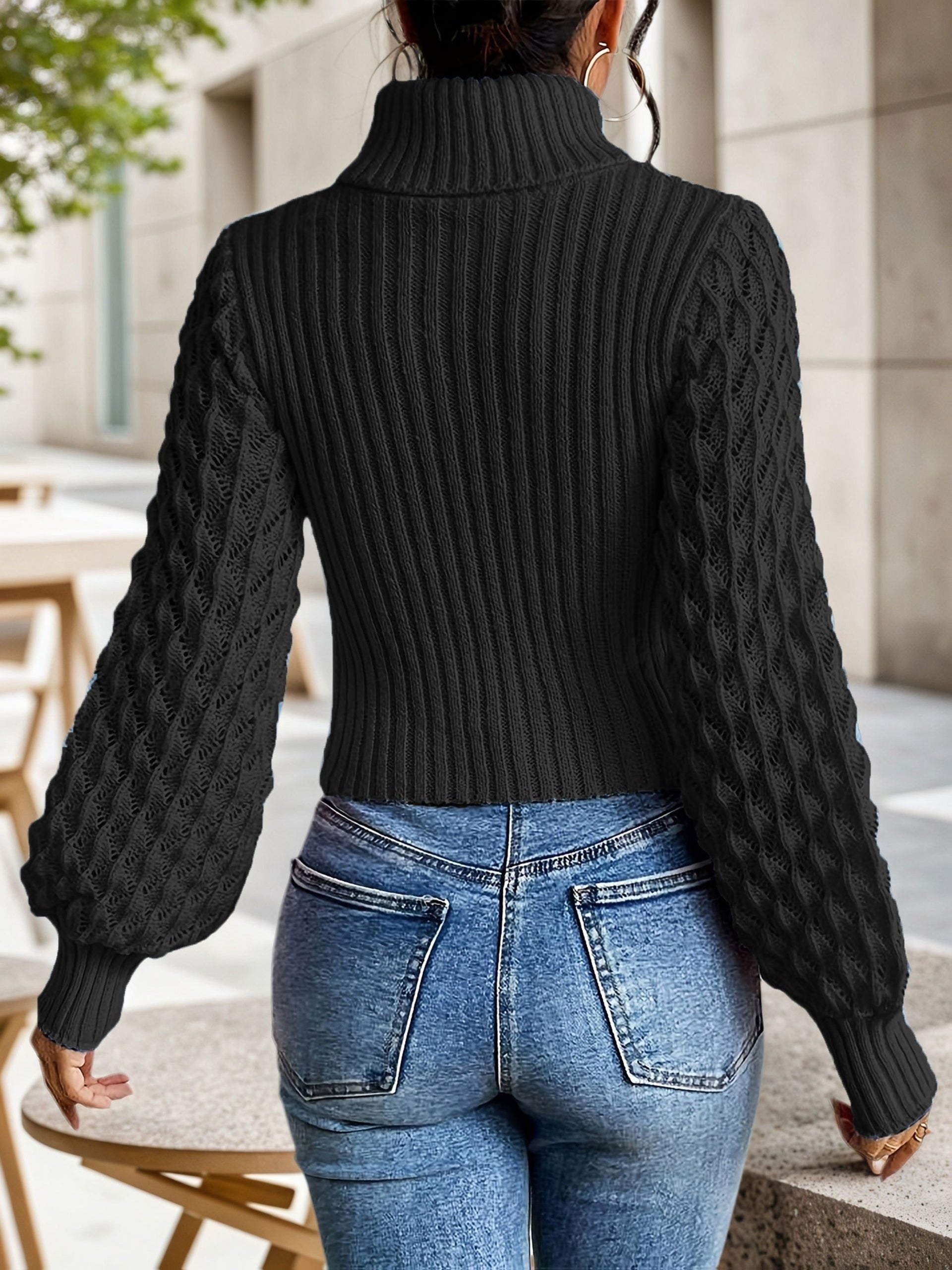 Women’s High-Neck Ribbed Knit Top – Lantern Sleeve Cropped Sweater